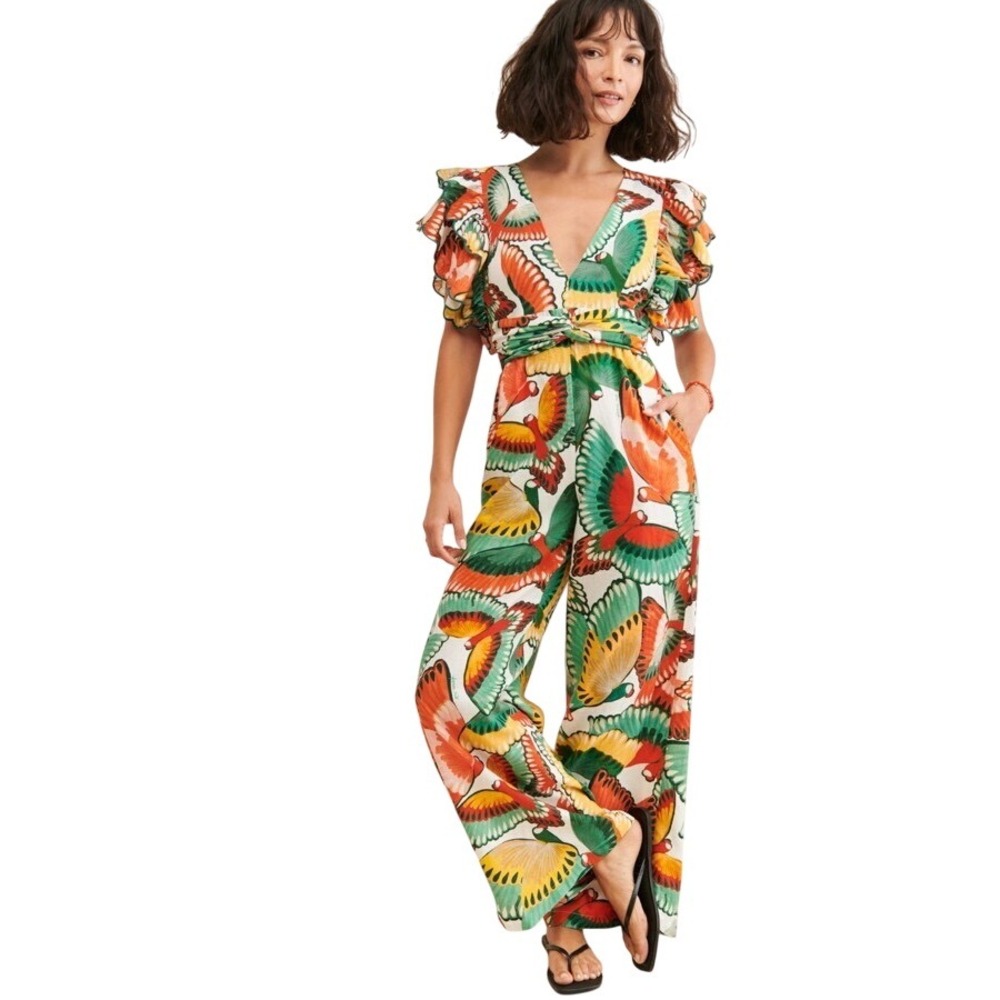 FARM Rio for Anthropologie Jumpsuit Tropical Fan Ruffle Sleeve Romper Small - Picture 2 of 8